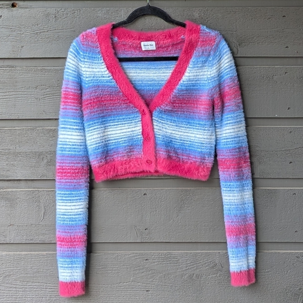 NWOT Aritzia Reese Cardigan Sweater Fuzzy Blue Pink White Stripe Medium Stretchy